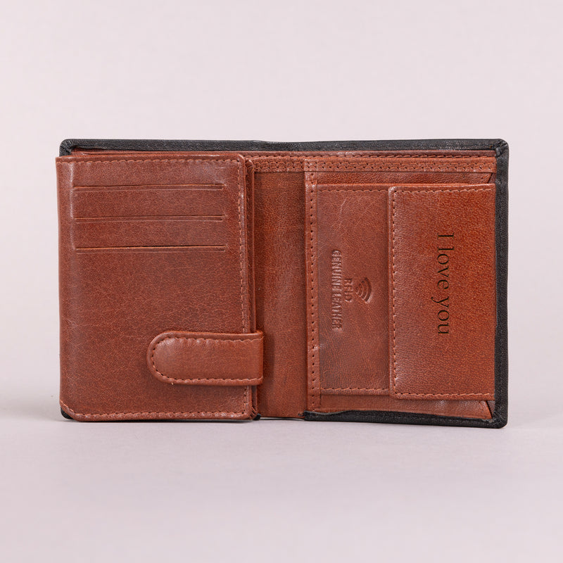 Personalised Engraved Black & Brown Trifold Leather Wallet