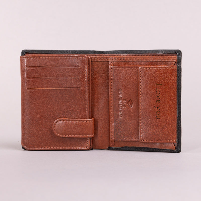 Personalised Engraved Black & Brown Trifold Leather Wallet
