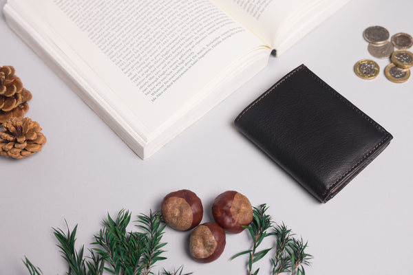 Personalised Engraved Black & Dark Brown Trifold Leather Wallet