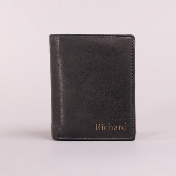 Personalised Engraved Black & Brown Trifold Leather Wallet