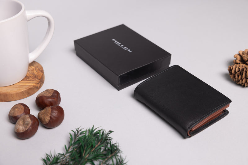 Personalised Engraved Black & Brown Trifold Leather Wallet
