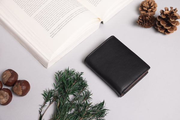 Personalised Engraved Black & Brown Trifold Leather Wallet
