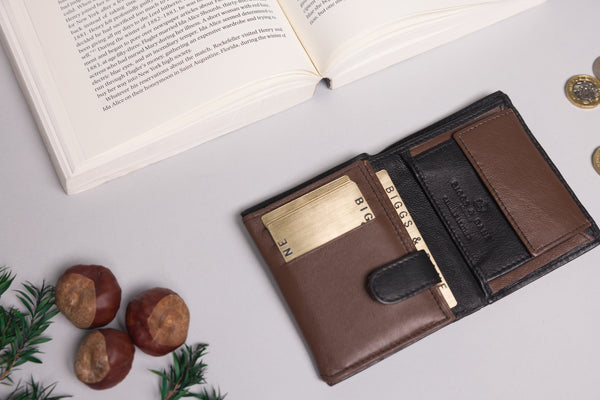 Personalised Engraved Black & Dark Brown Trifold Leather Wallet