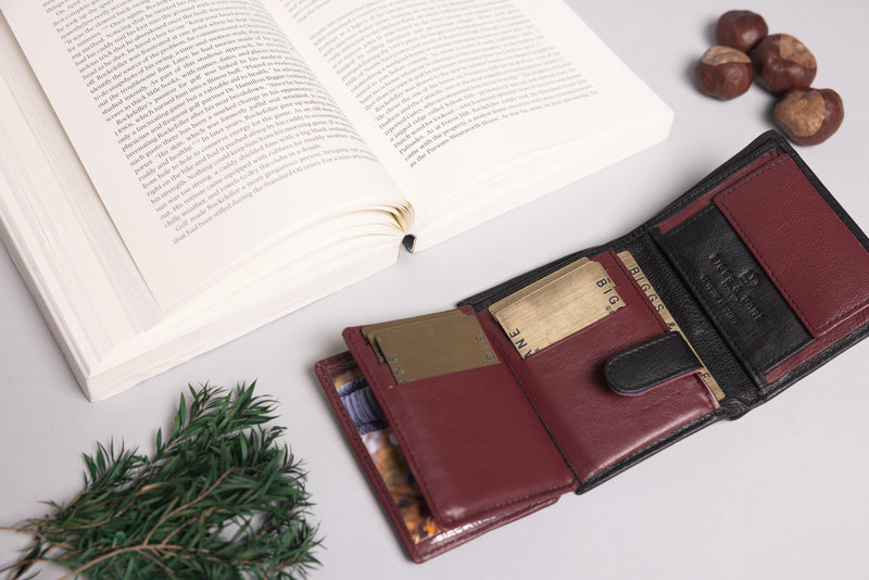 Personalised Engraved Black & Burgundy Trifold Leather Wallet