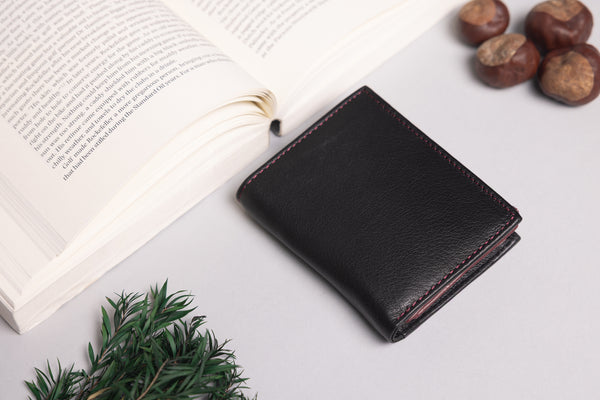 Personalised Engraved Black & Burgundy Trifold Leather Wallet