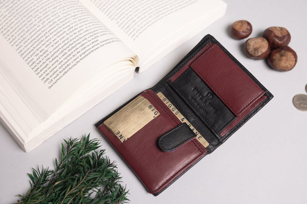 Personalised Engraved Black & Burgundy Trifold Leather Wallet