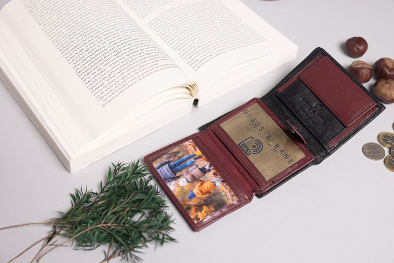Personalised Engraved Black & Burgundy Trifold Leather Wallet