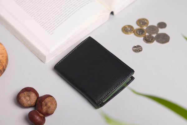 Personalised Engraved Black & Green Trifold Leather Wallet
