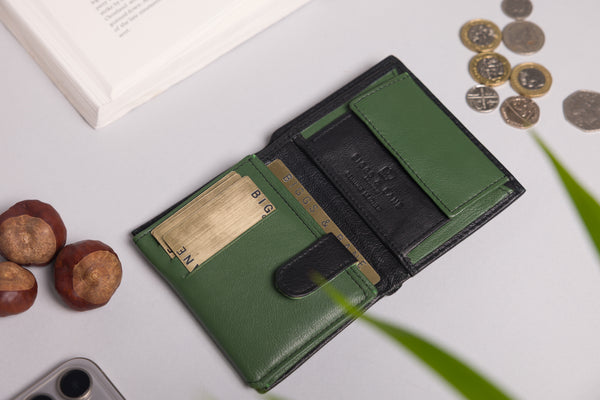Personalised Engraved Black & Green Trifold Leather Wallet