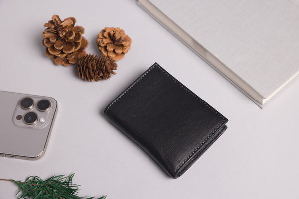 Personalised Engraved Black & Grey Trifold Leather Wallet