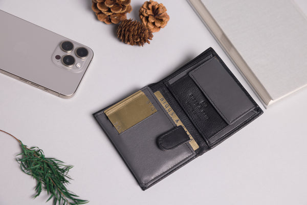 Personalised Engraved Black & Grey Trifold Leather Wallet