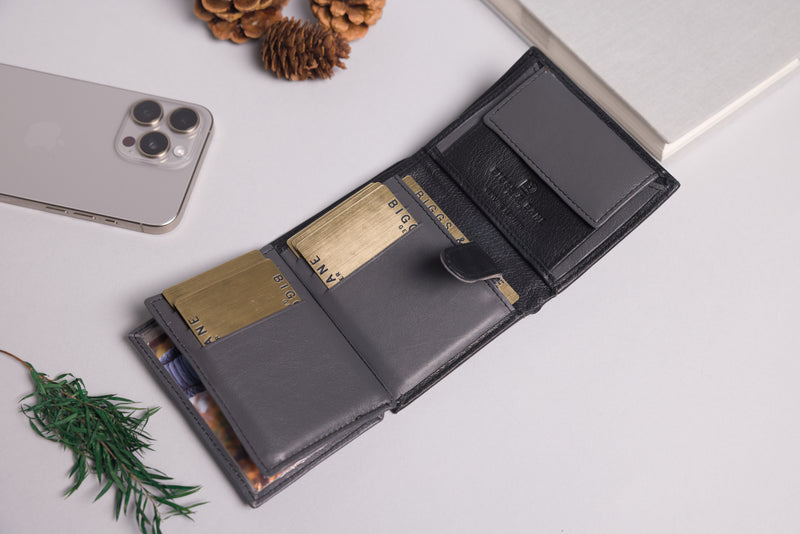 Personalised Black & Grey Leather Wallet – Trifold with RFID Protection