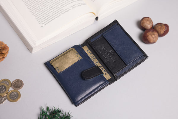 Personalised Engraved Black & Navy Trifold Leather Wallet