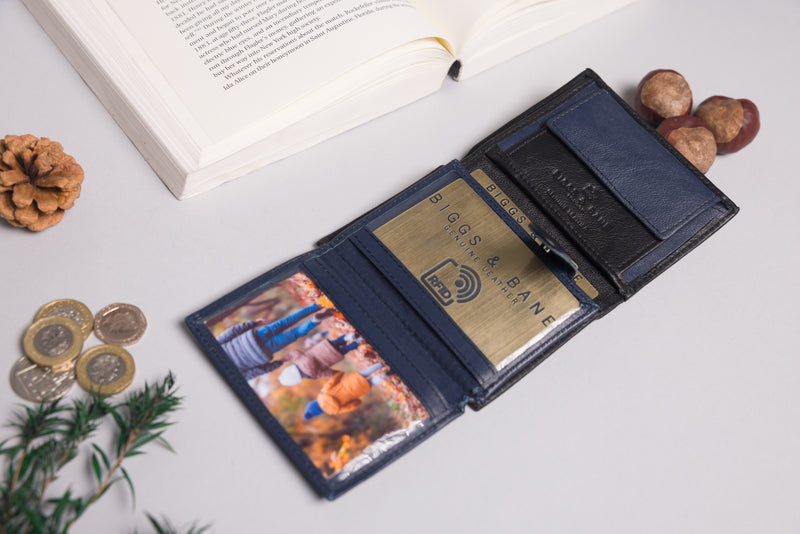Personalised Engraved Black & Navy Trifold Leather Wallet