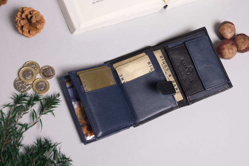 Personalised Engraved Black & Navy Trifold Leather Wallet