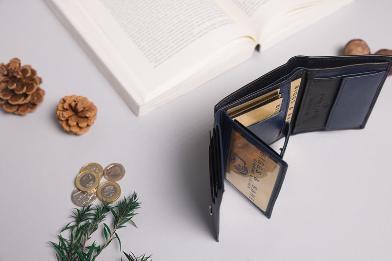 Personalised Engraved Black & Navy Trifold Leather Wallet