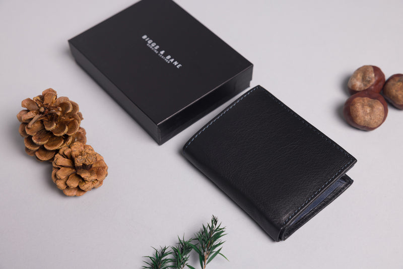 Personalised Engraved Black & Navy Trifold Leather Wallet
