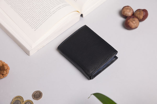 Personalised Engraved Black & Navy Trifold Leather Wallet