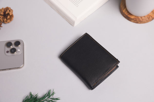 Personalised Engraved Black & Tan Trifold Leather Wallet