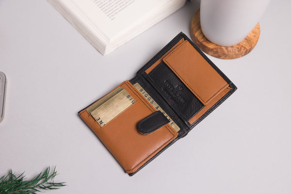 Personalised Engraved Black & Tan Trifold Leather Wallet