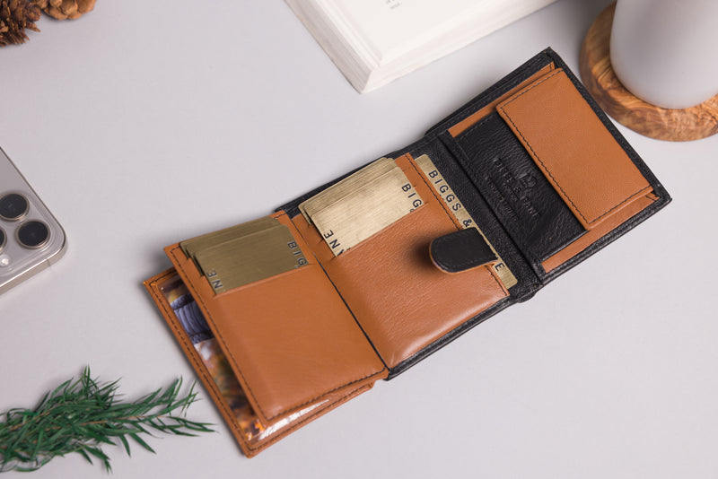Personalised Engraved Black & Tan Trifold Leather Wallet