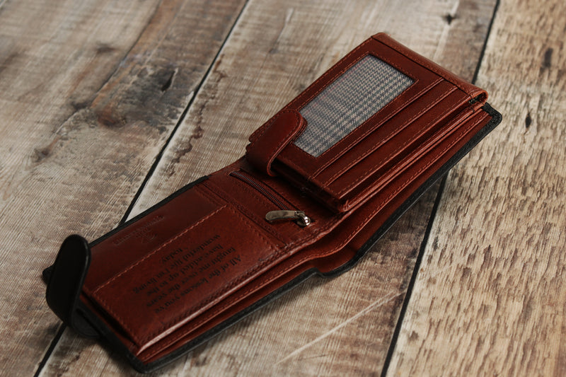 Personalised Engraved Black & Brown Bifold Leather Wallet