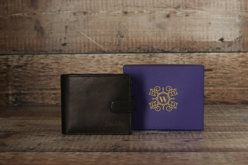 Personalised Engraved Black & Brown Bifold Leather Wallet