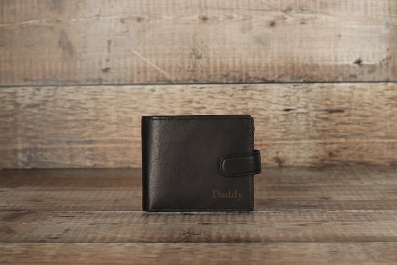 Personalised Engraved Black & Brown Bifold Leather Wallet