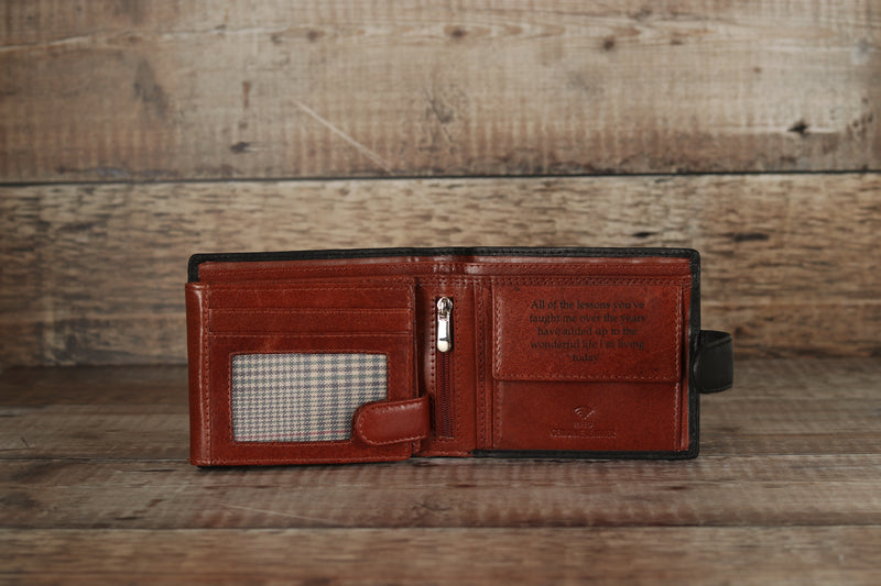 Personalised Engraved Black & Brown Bifold Leather Wallet