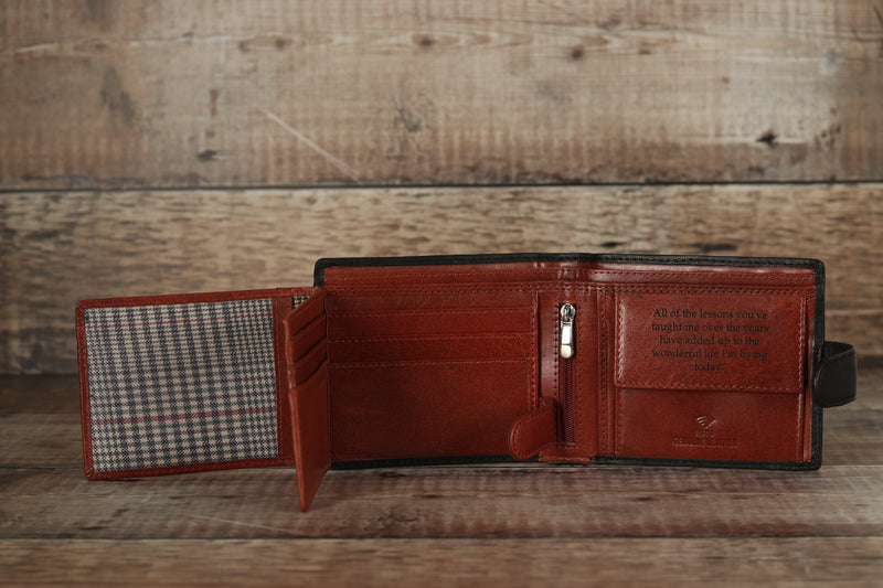 Personalised Engraved Black & Brown Bifold Leather Wallet