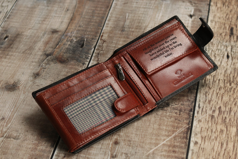 Personalised Engraved Black & Brown Bifold Leather Wallet