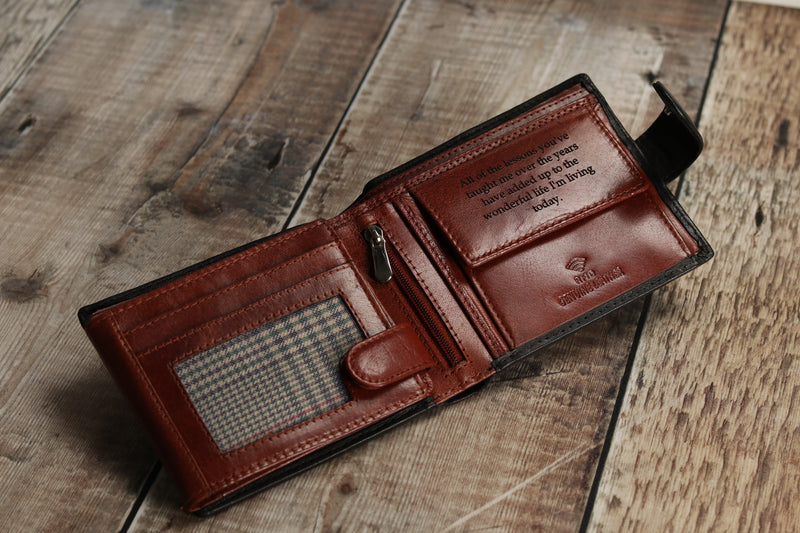 Personalised Engraved Black & Brown Bifold Leather Wallet