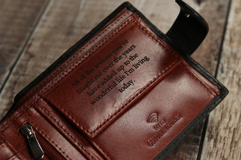 Personalised Engraved Black & Brown Bifold Leather Wallet