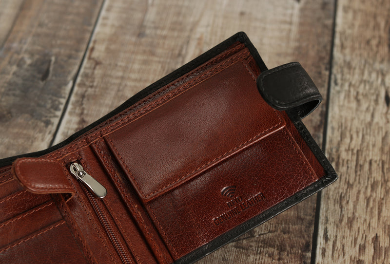 Personalised Engraved Black & Brown Bifold Leather Wallet