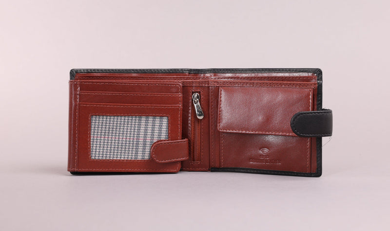 Personalised Engraved Black & Brown Bifold Leather Wallet