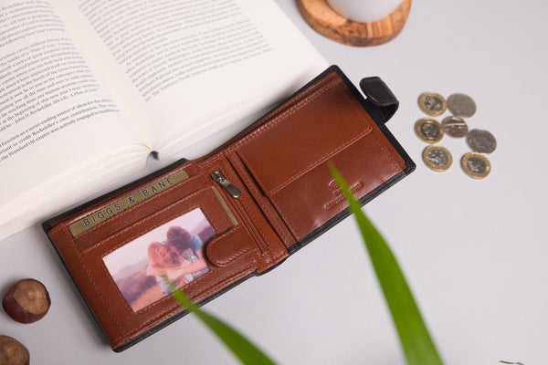 Personalised Engraved Black & Brown Bifold Leather Wallet