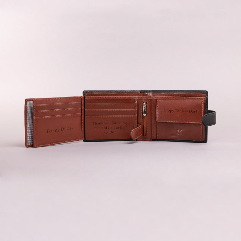 Personalised Engraved Black & Brown Bifold Leather Wallet