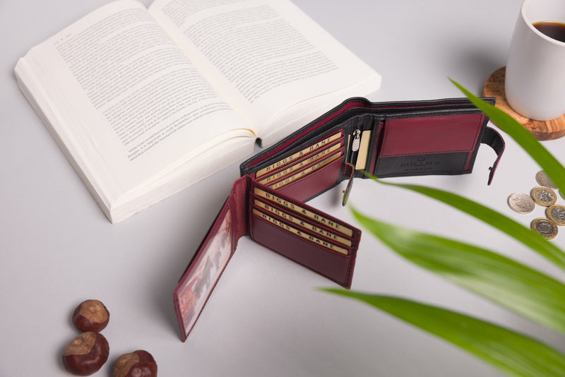 Personalised Engraved Black & Burgundy Bifold Leather Wallet