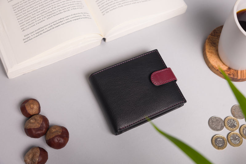 Personalised Engraved Black & Burgundy Bifold Leather Wallet