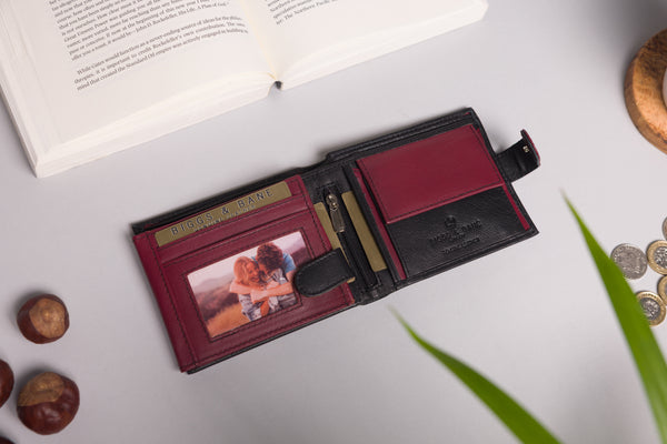 Personalised Engraved Black & Burgundy Bifold Leather Wallet