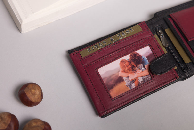 Personalised Engraved Black & Burgundy Bifold Leather Wallet