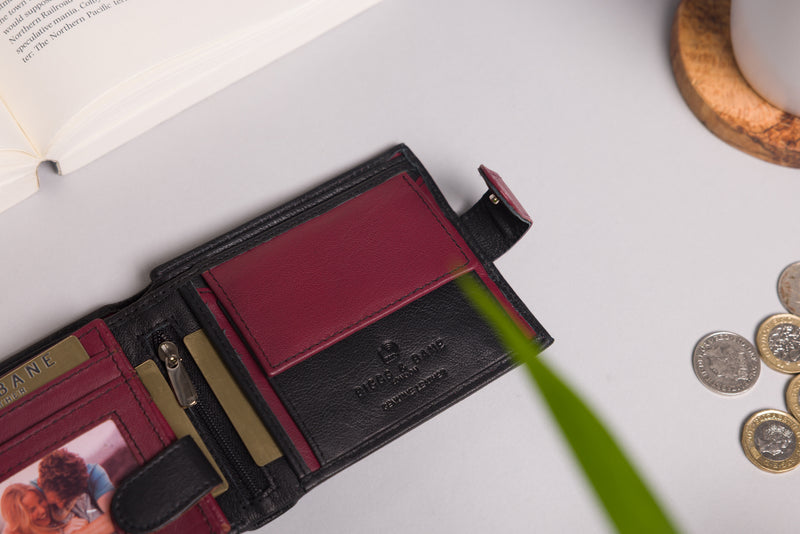 Personalised Engraved Black & Burgundy Bifold Leather Wallet