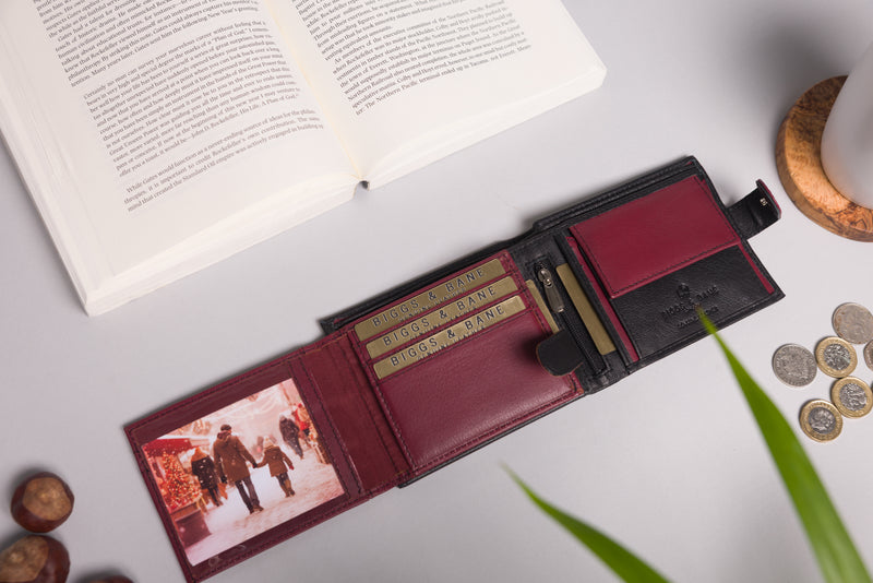 Personalised Engraved Black & Burgundy Bifold Leather Wallet