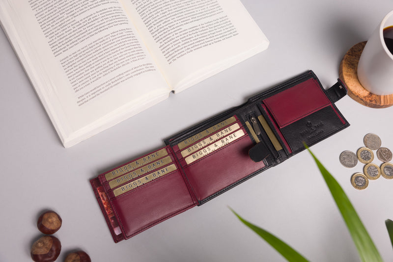 Personalised Engraved Black & Burgundy Bifold Leather Wallet