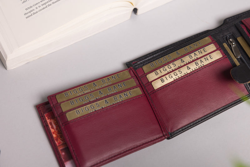 Personalised Engraved Black & Burgundy Bifold Leather Wallet
