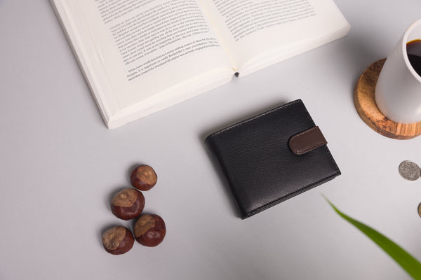 Personalised Engraved Black & Dark Brown Bifold Leather Wallet