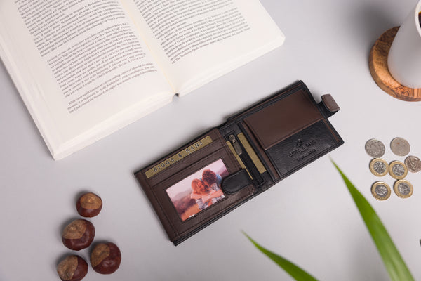 Personalised Engraved Black & Dark Brown Bifold Leather Wallet