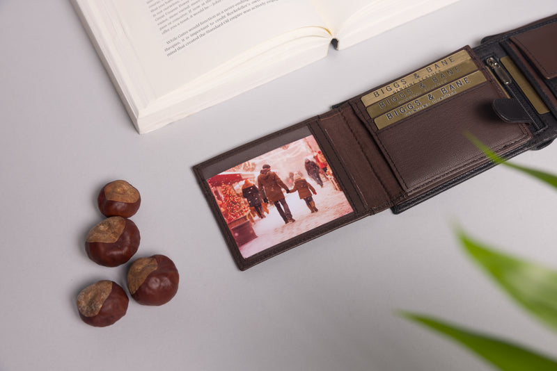 Personalised Engraved Black & Dark Brown Bifold Leather Wallet