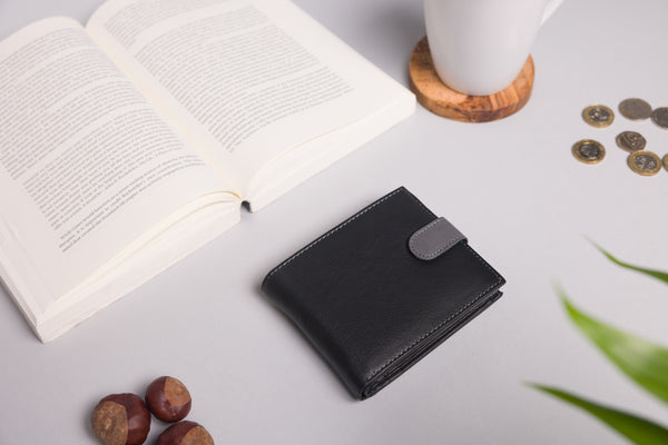Personalised Engraved Black & Grey Bifold Leather Wallet