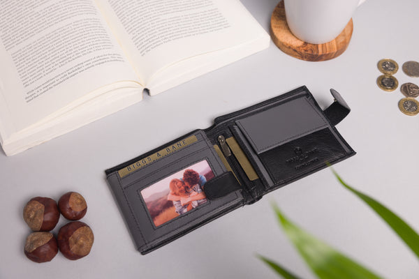 Personalised Engraved Black & Grey Bifold Leather Wallet